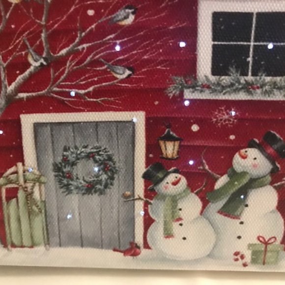 Canvas SNOWMEN Scene Blinking Light-up Picture Art w/Green Ribbon. 4x6" - Picture 2 of 3